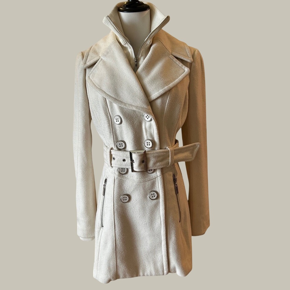 G by Guess Womens Winter White Wool Blend Belted Double Breasted Pea Coat Small